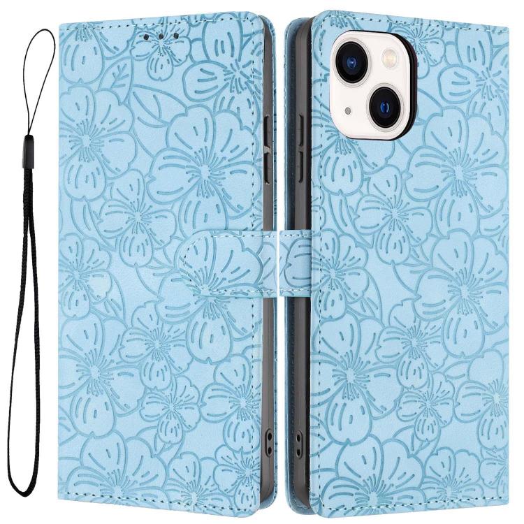 

For iPhone 15 Plus Cherry Blossoms Embossed Leather Phone Case(Light Blue)