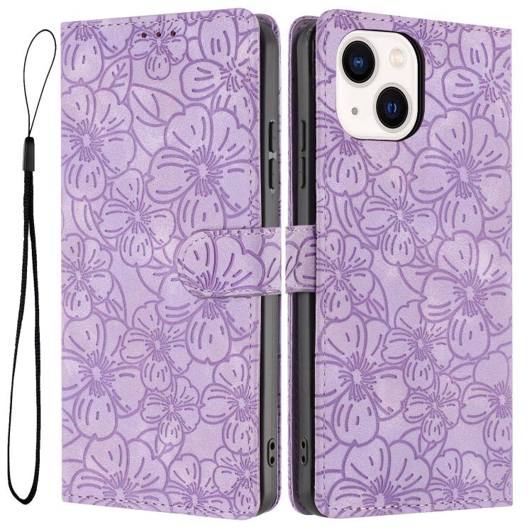 

For iPhone 14 Plus Cherry Blossoms Embossed Leather Phone Case(Purple)