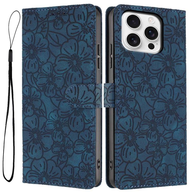 

For iPhone 14 Pro Cherry Blossoms Embossed Leather Phone Case(Dark Blue)