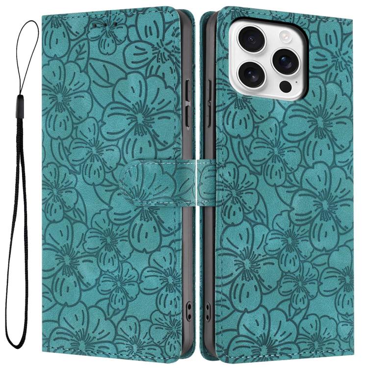 

For iPhone 13 Pro Max Cherry Blossoms Embossed Leather Phone Case(Green)