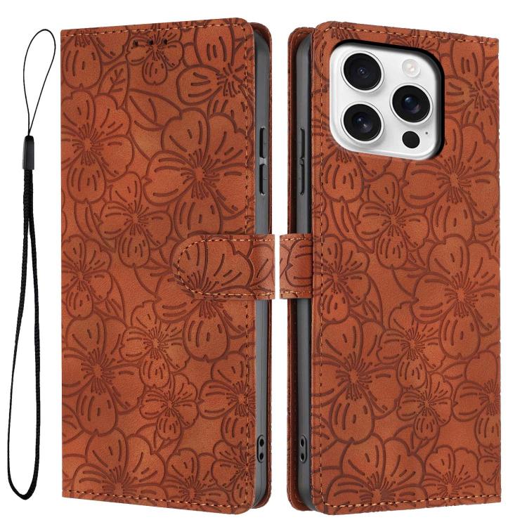 

For iPhone 13 Pro Max Cherry Blossoms Embossed Leather Phone Case(Brown)