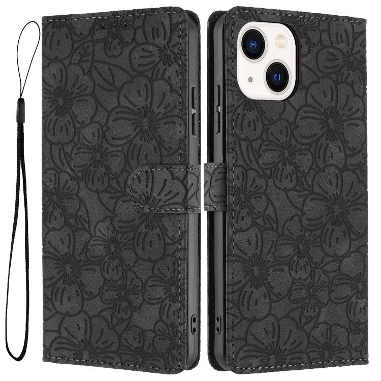 

For iPhone 13 Cherry Blossoms Embossed Leather Phone Case(Black)