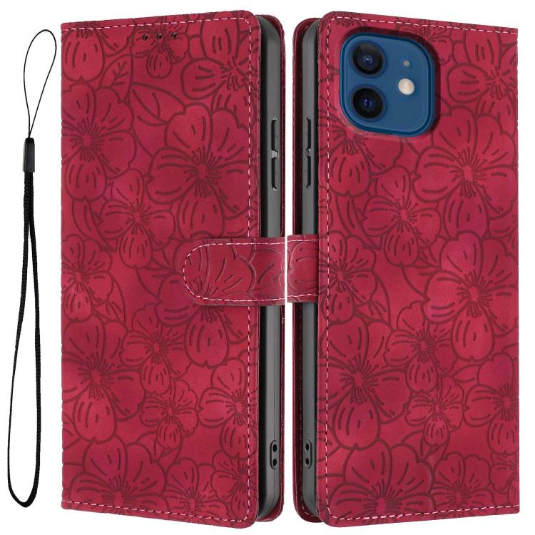 

For iPhone 12 / 12 Pro Cherry Blossoms Embossed Leather Phone Case(Red)