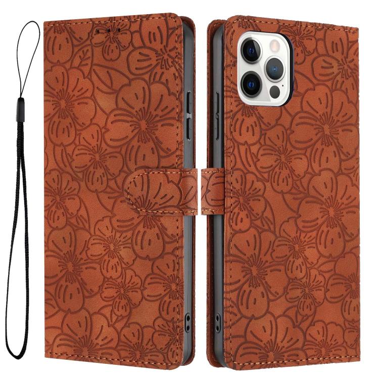 

For iPhone 12 Pro Max Cherry Blossoms Embossed Leather Phone Case(Brown)