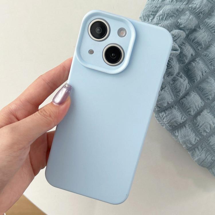 For iPhone 15 Plus Precision Hole Camera Frame Solid Color Phone Case(Blue)