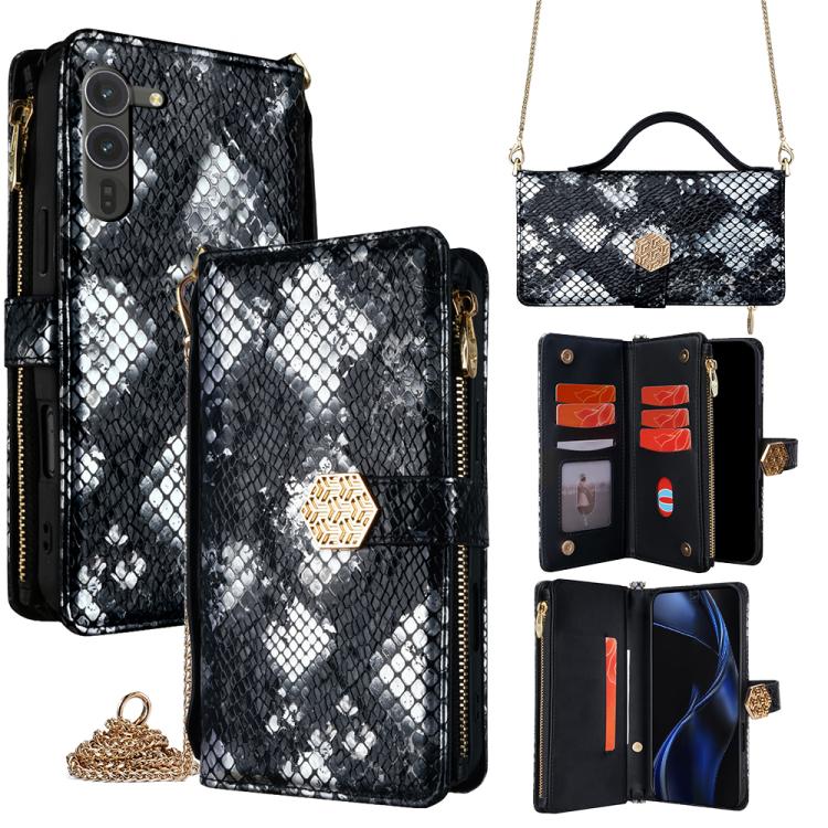 

For Fujitsu Arrows Alpha F-51F Crossbody Handle Snake Texture Leather Phone Case(Black)