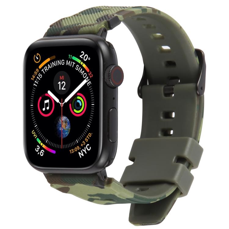 

For Apple Watch 42 / 44 / 45 / 46 / 49mm xDfind Black Connector Camouflage Print Silicone Watch Band(Green)