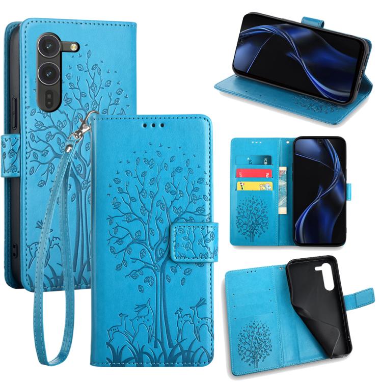 

For Fujitsu Arrows Alpha F-51F Tree & Deer Embossed Leather Phone Case(Blue)