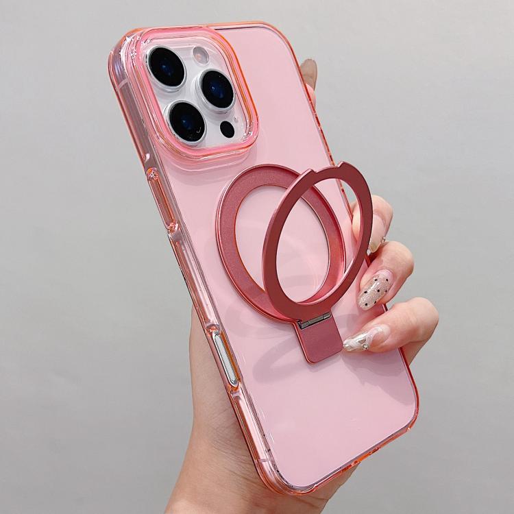 

For iPhone 16 Pro Max Transparent Colorful Metal Ring Holder MagSafe Phone Case(Pink)