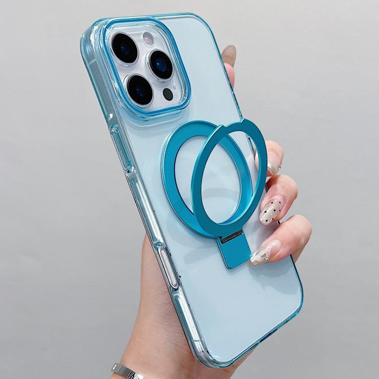 

For iPhone 16 Pro Transparent Colorful Metal Ring Holder MagSafe Phone Case(Blue)