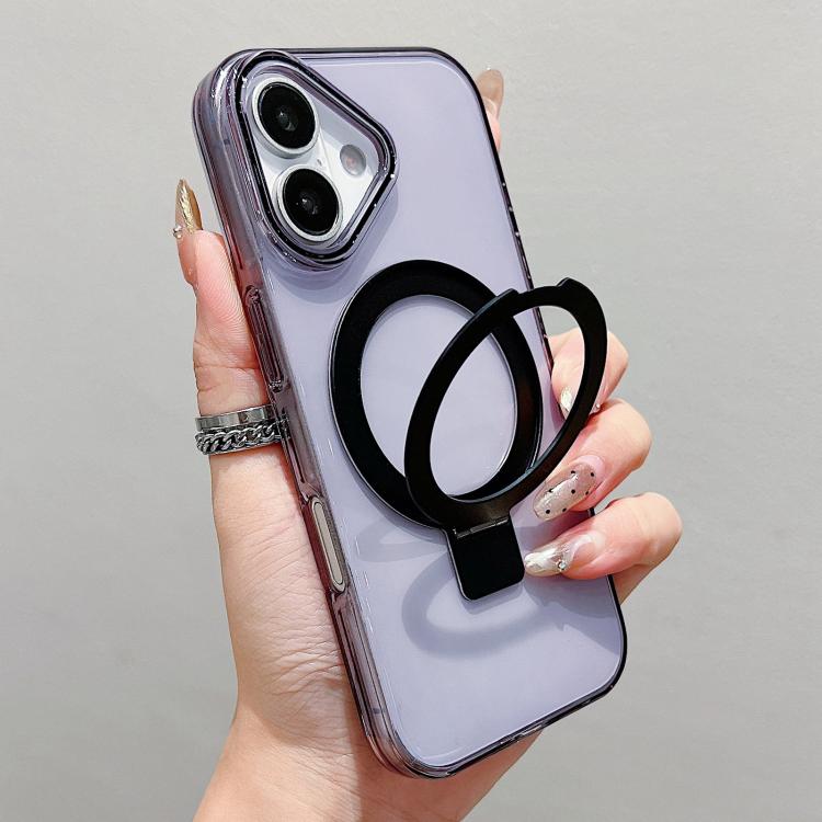 

For iPhone 16 Transparent Colorful Metal Ring Holder MagSafe Phone Case(Black)