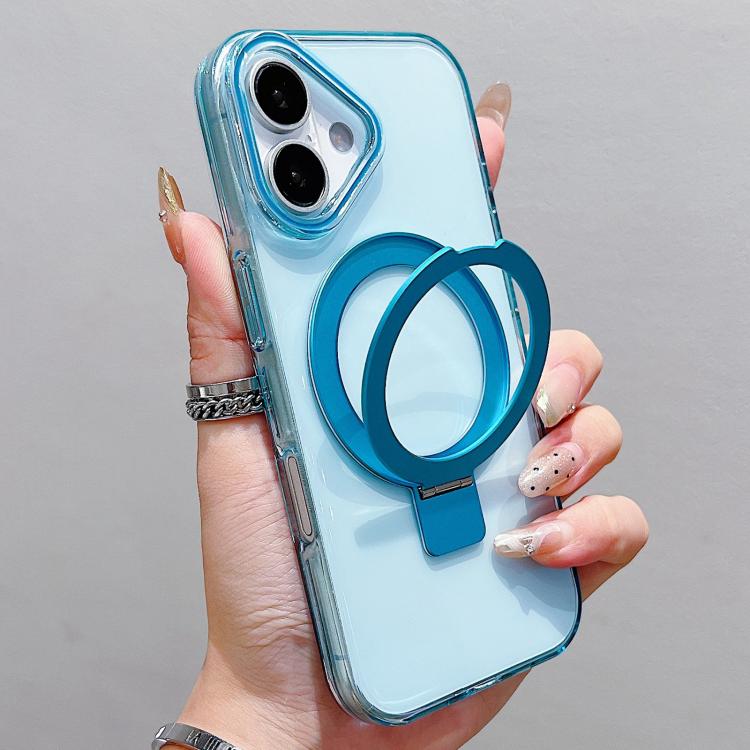 

For iPhone 16 Transparent Colorful Metal Ring Holder MagSafe Phone Case(Blue)