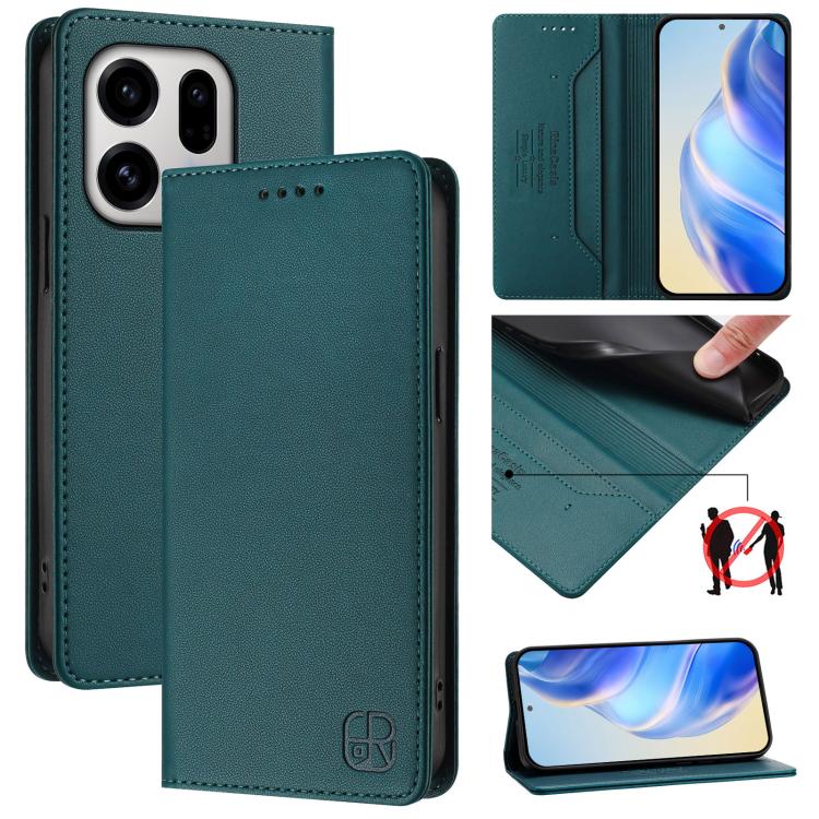 

For OPPO Find X9 RC01 Dual-Folded Magnetic Suction RFID Leather Phone Case(Dark Green)