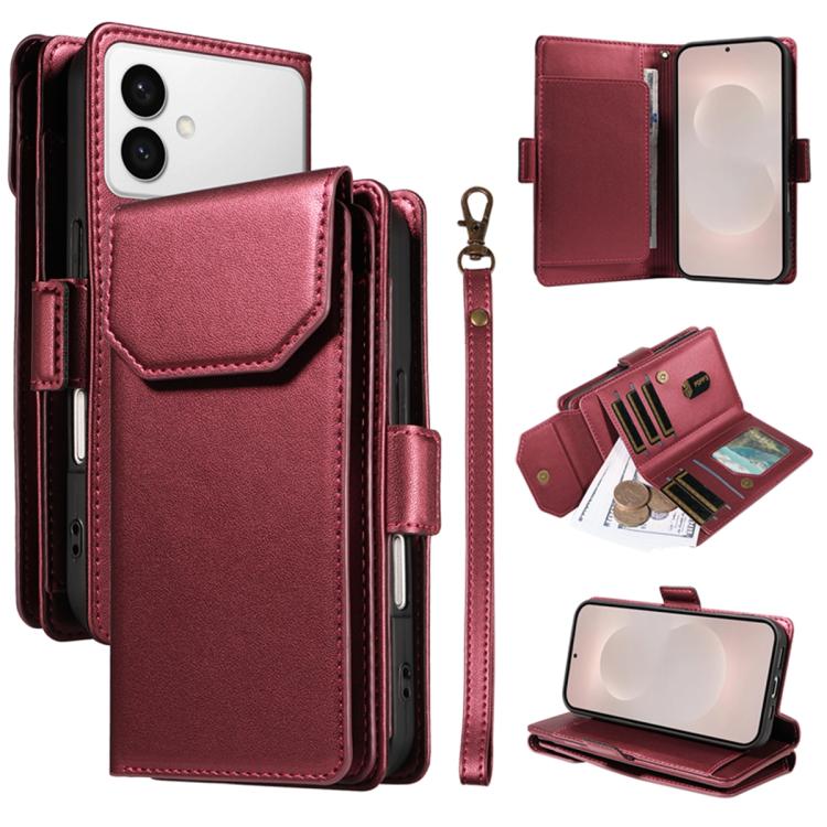 

For Samsung Galaxy S26 Edge 5G Multi Card Wallet Leather Phone Case with Strap(Red)