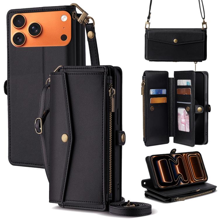 

For iPhone 17 Pro Max Zipper Wallet Side Buckle Crossbody Lanyard Leather Phone Case(Black)