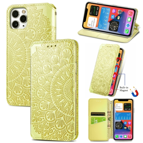 

For iPhone 12 mini Blooming Mandala Embossed Pattern Magnetic Horizontal Flip Leather Case with Holder & Card Slots & Wallet (Yellow)