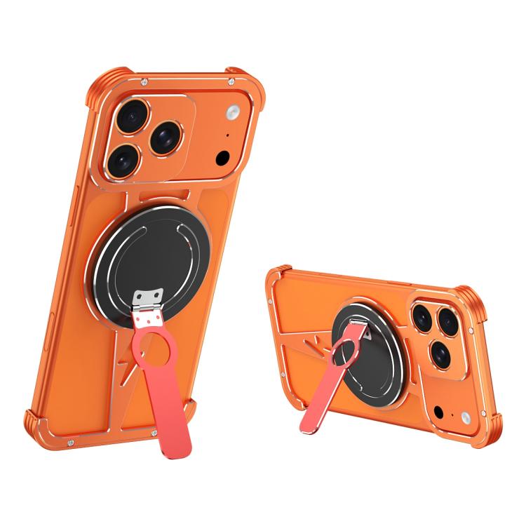 

For iPhone 17 Pro Max Hollow Borderless MagSafe Aluminum Alloy Phone Case with Detachable Rotation Holder(Orange Silver)