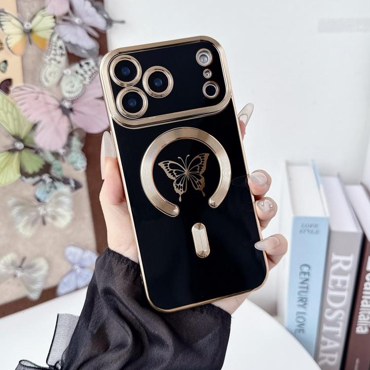 

For iPhone 17 Pro Max Solid Color Side Electroplating Butterfly MagSafe TPU Phone Case(Black)