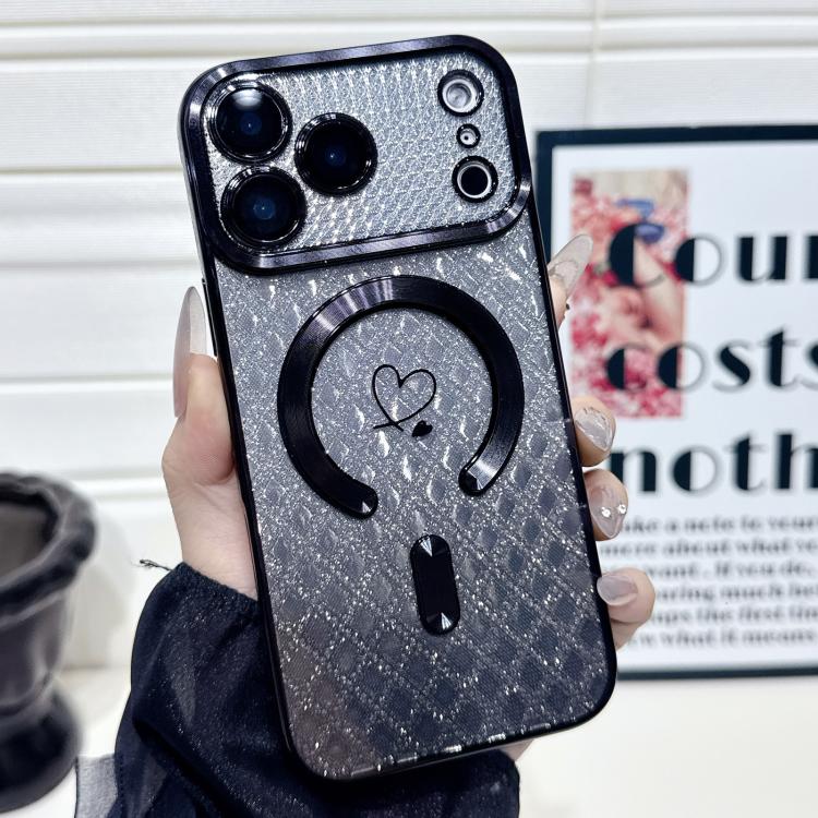 

For iPhone 17 Pro Max Carbon Fiber Texture Loves Leaves Gradient MagSafe TPU Phone Case(Black)