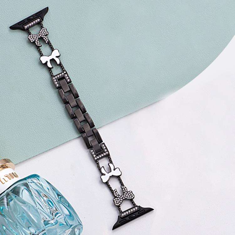 

For Apple Watch 42 / 44 / 45 / 46 / 49mm xDfind Bowknot Chain Bracelet Diamond Metal Watch Band(Black)