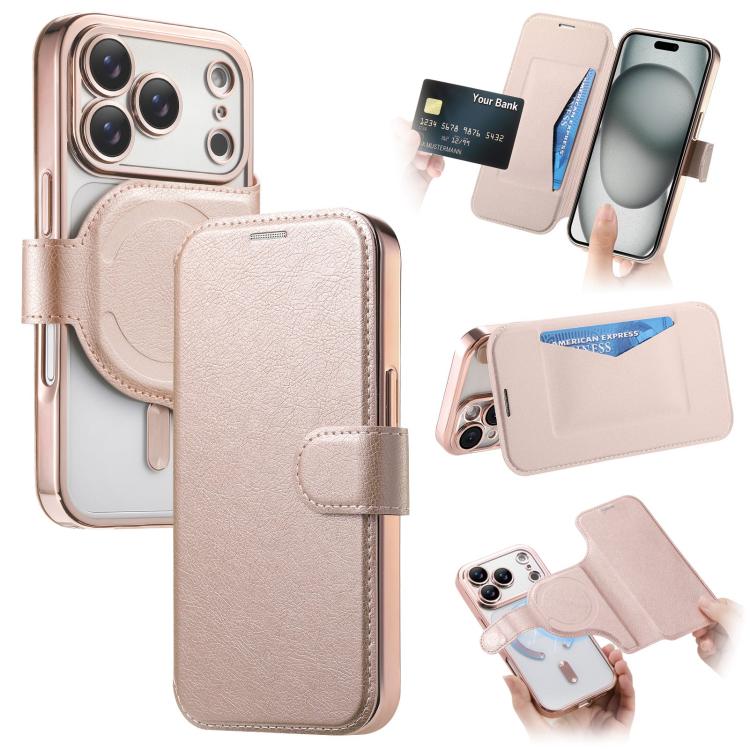 

For iPhone 17 Pro Max Splitable Electroplated MagSafe RFID Anti-theft Leather Phone Case with Lens Film(Rose Gold)