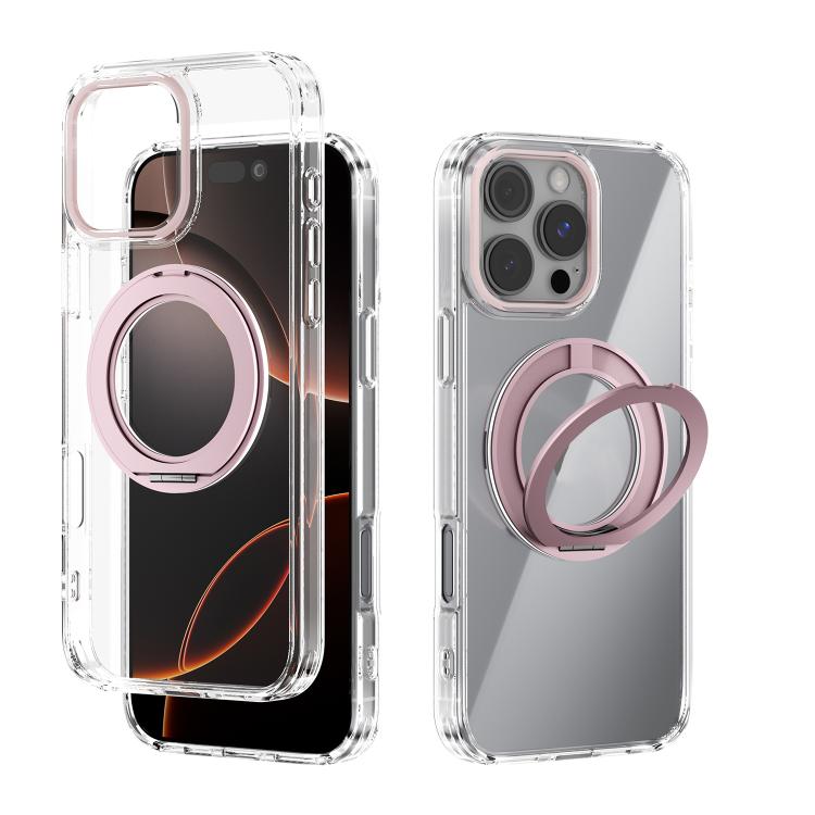 

For iPhone 16 Pro Max ABEEL MagSafe Q-LUCK Pivot Bracket Transparent Phone Case(Pink)