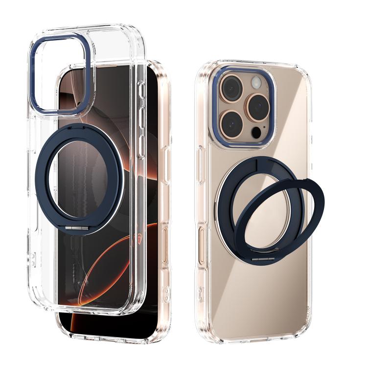 

For iPhone 16 Pro ABEEL MagSafe Q-LUCK Pivot Bracket Transparent Phone Case(Dark Blue)