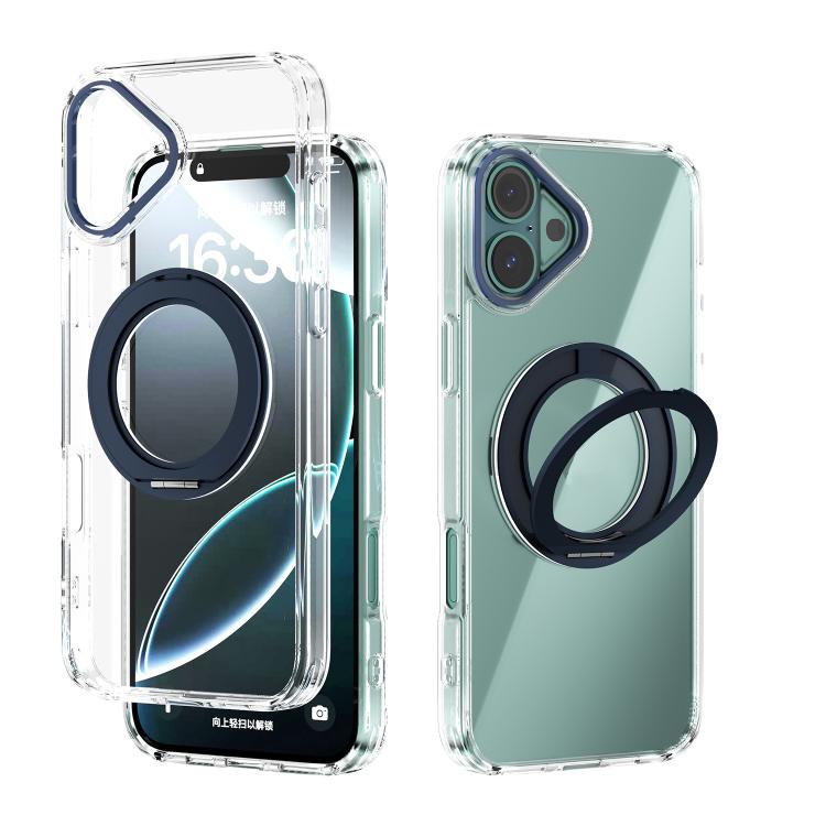 

For iPhone 16 Plus ABEEL MagSafe Q-LUCK Pivot Bracket Transparent Phone Case(Dark Blue)