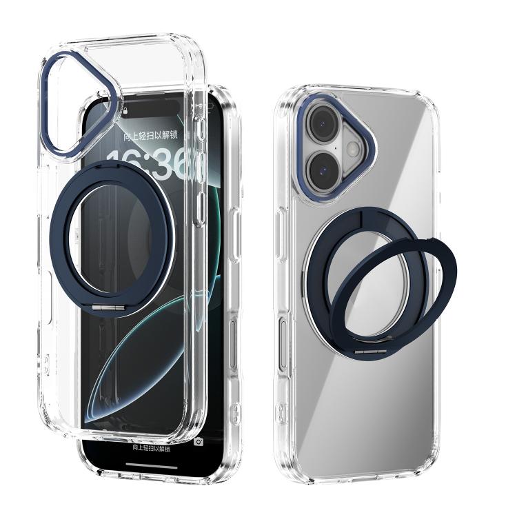 

For iPhone 16 ABEEL MagSafe Q-LUCK Pivot Bracket Transparent Phone Case(Dark Blue)