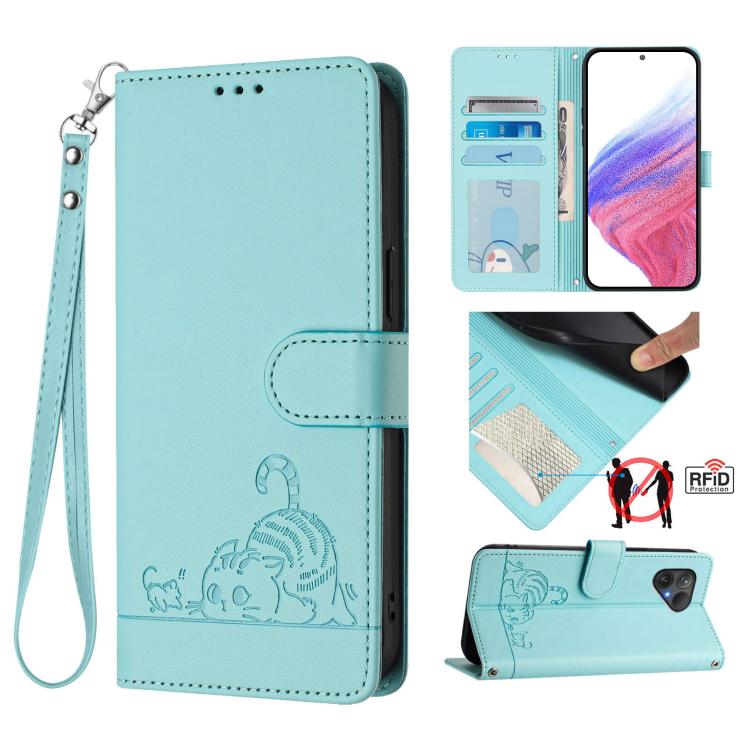 

For Fairphone 5 Cat Rat Embossed Pattern RFID Leather Phone Case with Lanyard(Mint Green)
