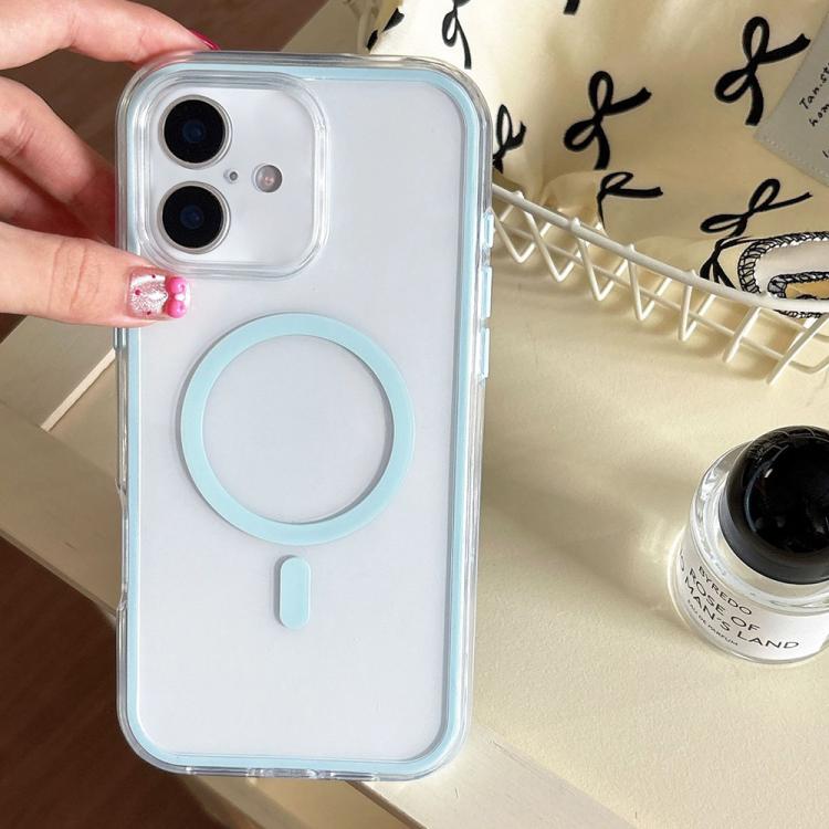 

For iPhone 16 Plus Large Hole Camera Macaron Transparency MagSafe Phone Case(Light Blue)