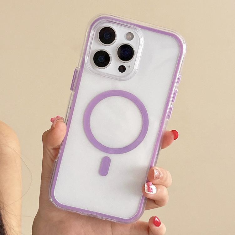 

For iPhone 15 Pro Max Large Hole Camera Macaron Transparency MagSafe Phone Case(Purple)