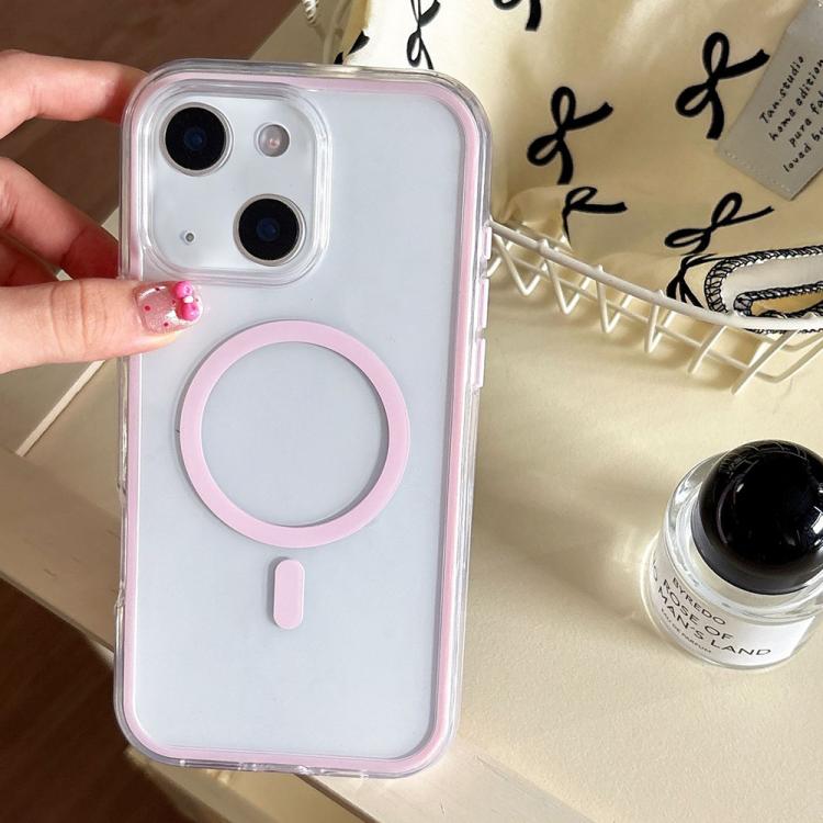 

For iPhone 15 Plus Large Hole Camera Macaron Transparency MagSafe Phone Case(Pink)