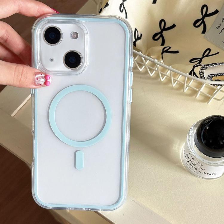 

For iPhone 15 Large Hole Camera Macaron Transparency MagSafe Phone Case(Light Blue)