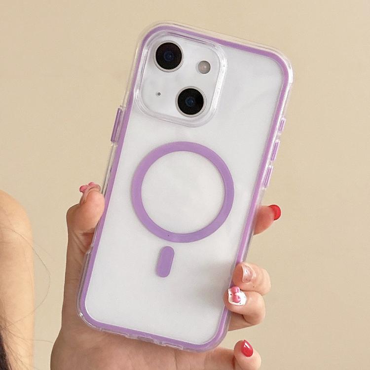 

For iPhone 14 Plus Large Hole Camera Macaron Transparency MagSafe Phone Case(Purple)