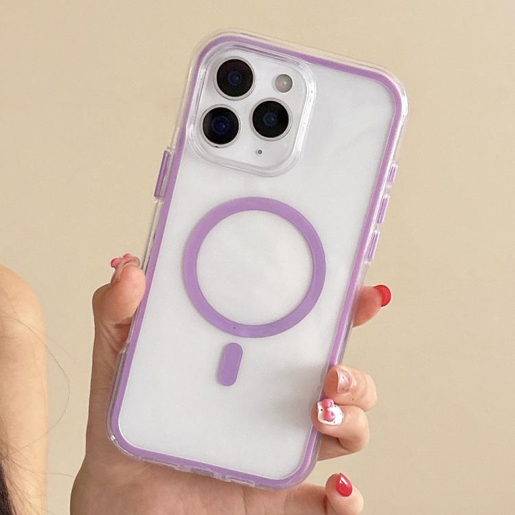 For iPhone 11 Pro Max Large Hole Camera Macaron Transparency MagSafe Phone Case(Purple)