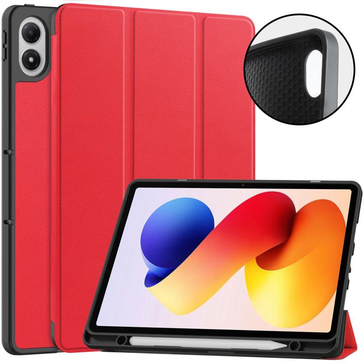 

For Xiaomi Redmi Pad 2 Pro Custer TPU Pure Color 3-Fold Holder Smart Leather Tablet Case with Pen Tray(Red)