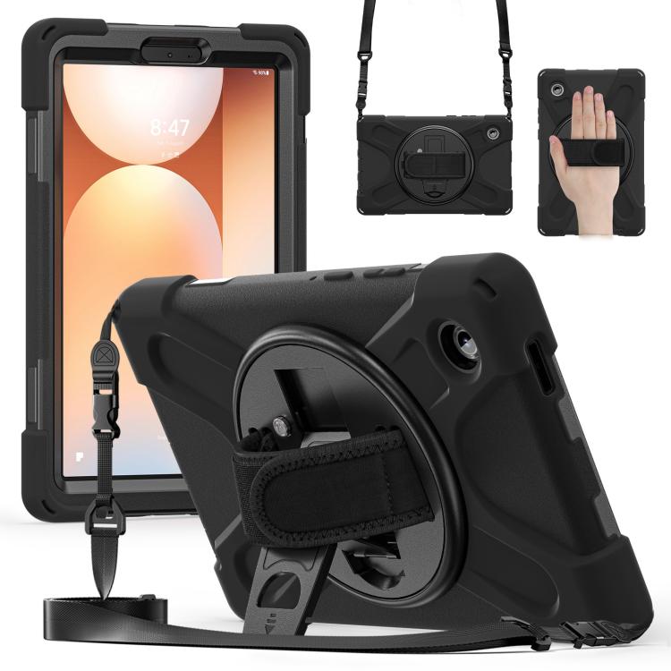 

For Samsung Galaxy Tab A11 Rotatable Holder Silicone Hybrid PC Tablet Case with Shoulder Strap(Black)