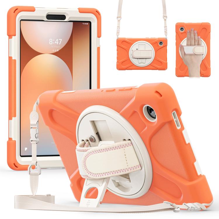 For Samsung Galaxy Tab A11 Rotatable Holder Silicone Hybrid PC Tablet Case with Shoulder Strap(Coral Orange)
