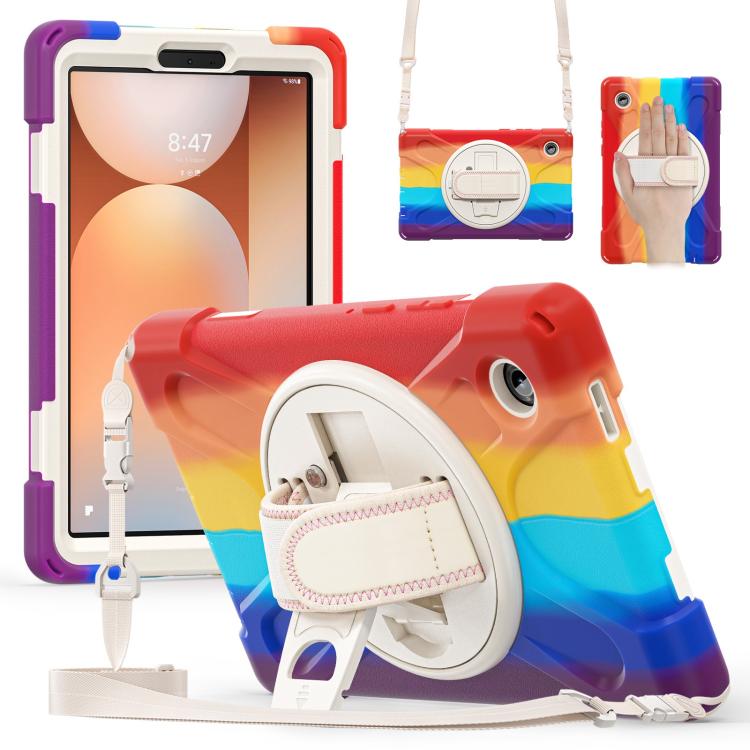 

For Samsung Galaxy Tab A11 Rotatable Holder Silicone Hybrid PC Tablet Case with Shoulder Strap(Colorful Red)