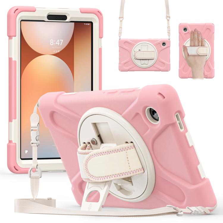 

For Samsung Galaxy Tab A11 Rotatable Holder Silicone Hybrid PC Tablet Case with Shoulder Strap(Pink)