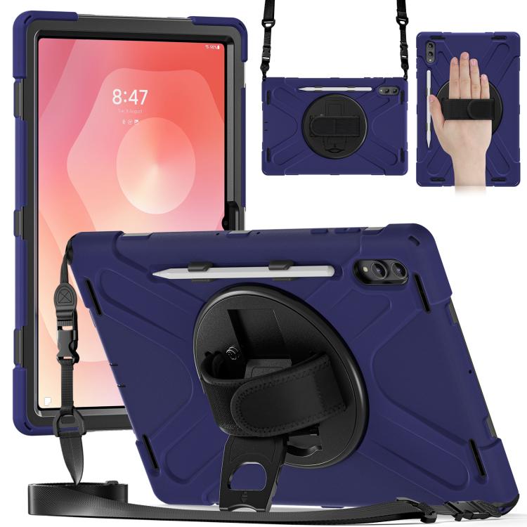 

For Samsung Galaxy Tab S11 Ultra Rotatable Holder Silicone Hybrid PC Tablet Case with Shoulder Strap(Navy Blue)
