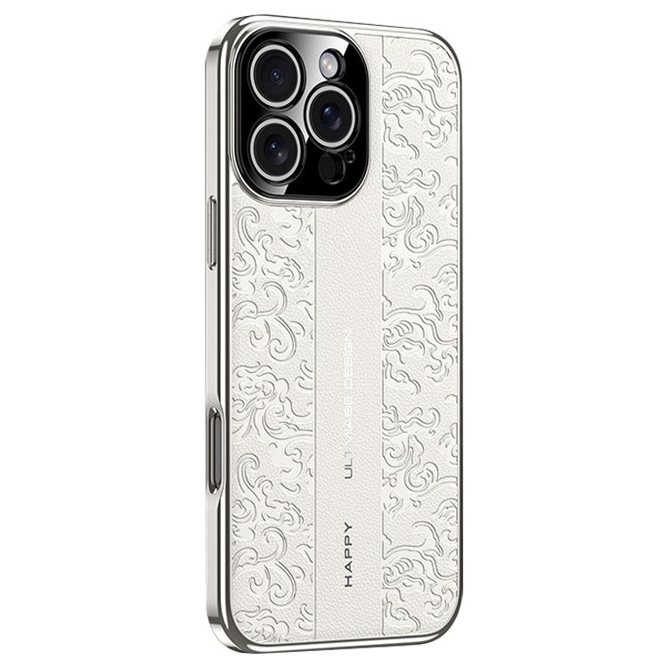 

For iPhone 16 Pro Max Cloud Dragon Pattern Plain Leather PC Phone Case(White)