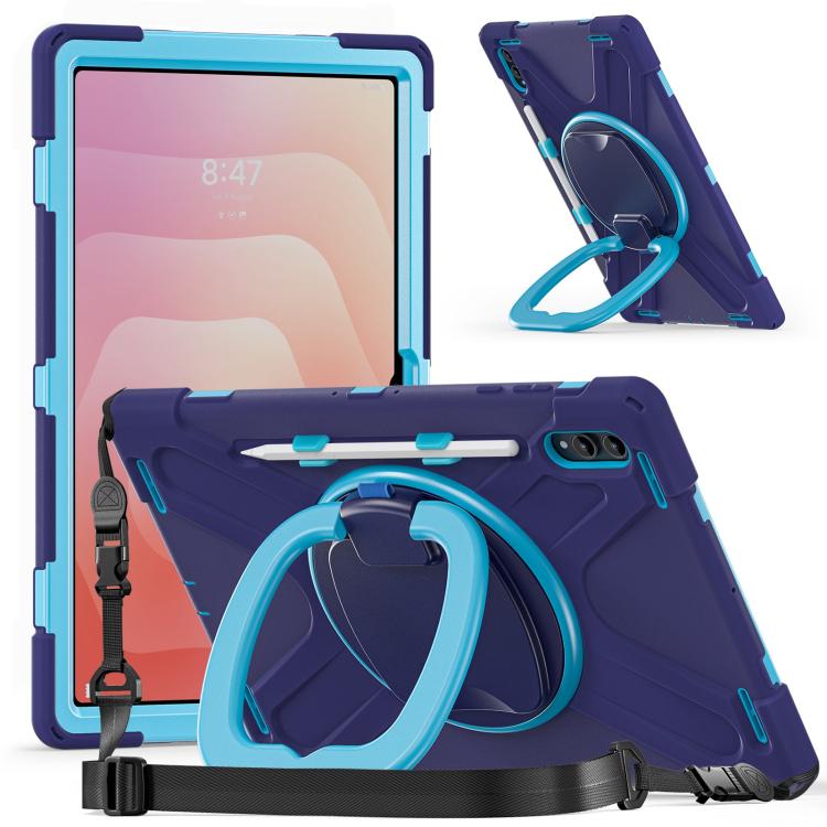 

For Samsung Galaxy Tab S11 Ultra Silicone Hybrid PC Tablet Case with Holder & Shoulder Strap(Navy Blue Blue)