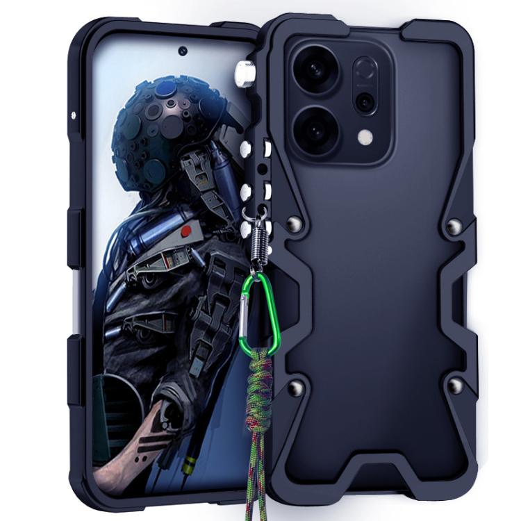 

For OPPO Reno14 Pro 5G Global Trigger Design Hollow Metal Frame Phone Case with Lanyard(Black)
