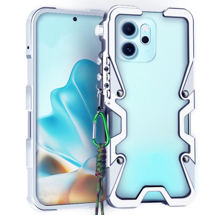 For OPPO Reno14 F 5G Global Trigger Design Hollow Metal Frame Phone Case with Lanyard(Silver)