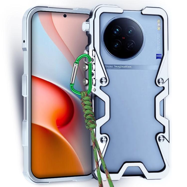 

For vivo X90 Trigger Design Hollow Metal Frame Phone Case with Lanyard(Silver)