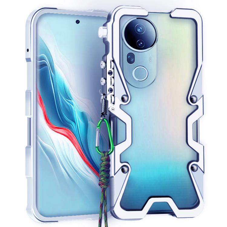 For vivo T4 Ultra 5G Trigger Design Hollow Metal Frame Phone Case with Lanyard(Silver)