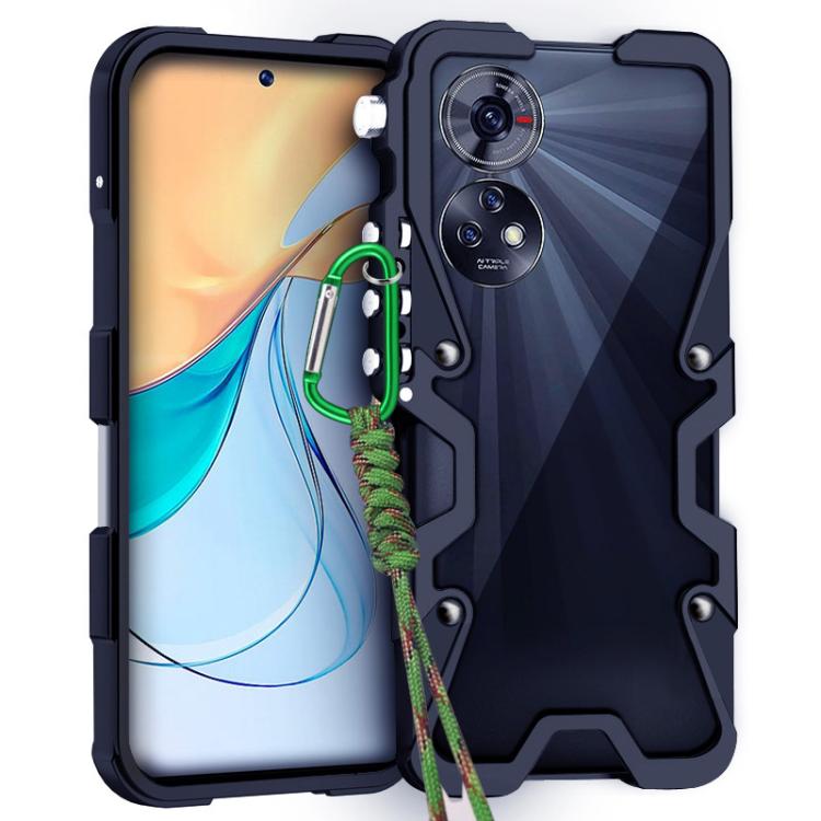 

For ZTE Blade V50 Trigger Design Hollow Metal Frame Phone Case with Lanyard(Black)