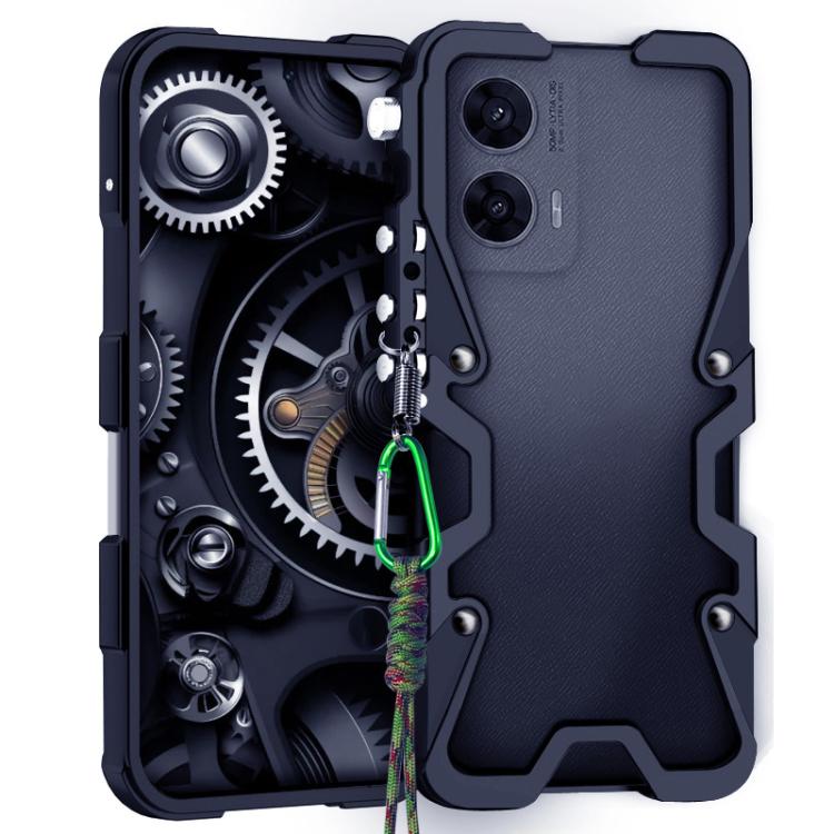 

For Motorola Moto G96 5G Trigger Design Hollow Metal Frame Phone Case with Lanyard(Black)